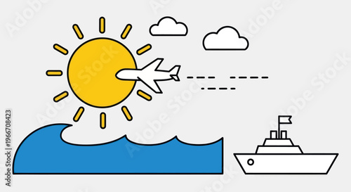 Airplane flying towards sun over ocean waves with cruise ship, travel concept illustration