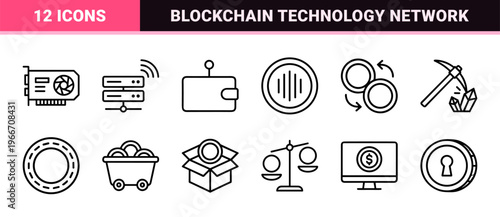 Blockchain and Cryptocurrency Technology Minimalist Monoline Geometric Line Art Icons for Fintech Digital Finance and Data Security