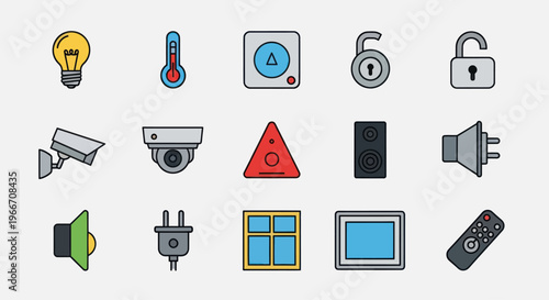 Smart Home Technology Icons Set: Security, Climate, Lighting, Entertainment