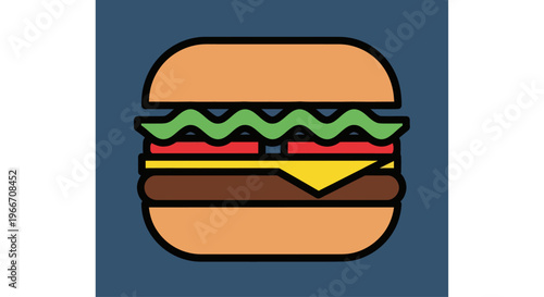 Stylized Burger Icon with Cheese, Lettuce, and Tomato on Blue Background