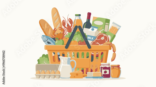 Full Grocery Shopping Basket with Fresh Food and Staple Products