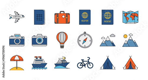 Travel Icons Set: Airplane, Passport, Suitcase, Map, Camera, Hot Air Balloon, Compass, Mountains, Beach Umbrella, Cruise Ship, Bicycle, Tent