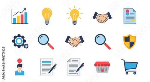 Business Icons: Growth, Ideas, Handshake, Contract, Security, Shopping