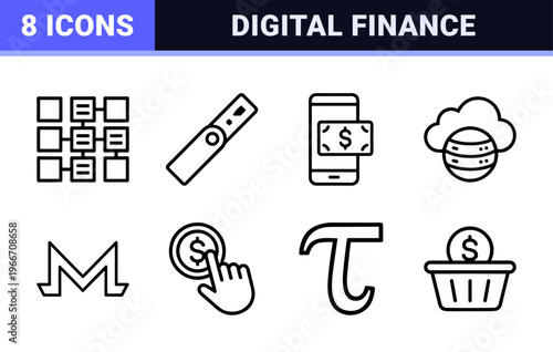 Minimalist Cryptocurrency Line Art Featuring Blockchain Nodes, Digital Wallets, and Mining Hardware in a Geometric Monoline Aesthetic.