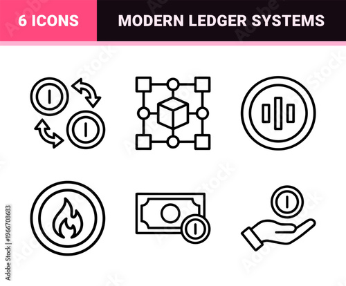 Cryptocurrency and Blockchain Technology Outline Symbols, Minimalist Monoline Geometric Line Art for Digital Finance and Ledger Systems.