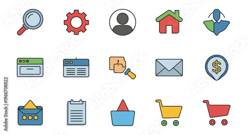 Web Icons Set: Search, Settings, User, Home, Location, Mail, Shopping Cart