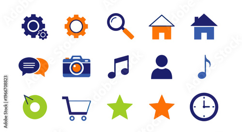 Web Icons Set: Settings, Search, Home, Camera, Music, User, Shopping Cart, Star, Clock