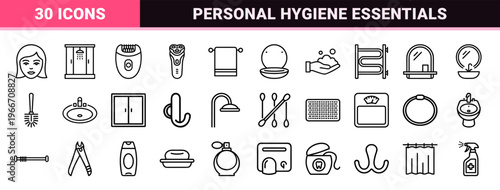 Bathroom Equipment and Personal Hygiene Maintenance Minimalist Monoline Geometric Line Art Grid for Professional Interface Design.
