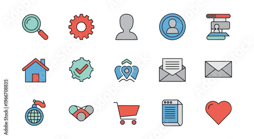 Website Icons Set: Search, Gear, User, Mail, Home, Location, Shopping Cart, Heart
