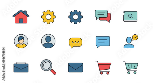 Website Icons Set: Home, Settings, Chat, Search, User, Mail, Cart