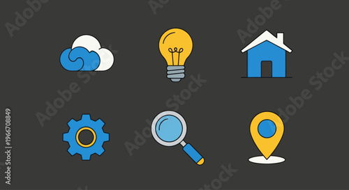 Cloud, light bulb, house, gear, search, location icons set. Vector illustration.