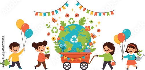 Children Celebrating Earth Day with Plants, Balloons, and a Green Globe Cart for Environmental Awareness Designs