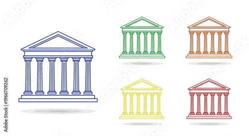 Set of six colorful vector icons depicting classical temple or bank buildings with columns and pediments.