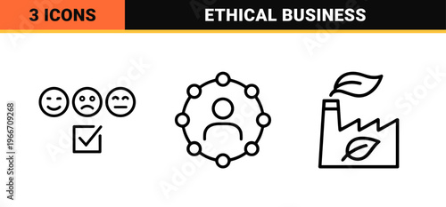 Corporate Social Responsibility and Sustainable Business Minimalist Outline Icons for Ethical Governance, Environmental Impact, and Social Care