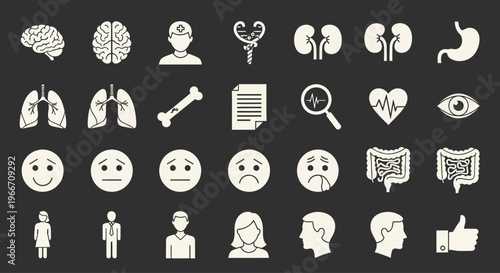 Human Anatomy and Health Icons Set - Brain, Lungs, Heart, Kidneys, Stomach, Bones, Emotions