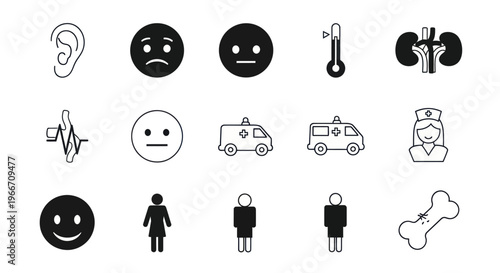 Medical Health Care Icons: Ear, Faces, Thermometer, Kidneys, Ambulance, Nurse, Bone