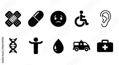 Medical Health Care Icons Set: Bandage, Pill, Sad Face, Wheelchair, Ear, DNA, Person, Blood Drop, Ambulance, First Aid Kit