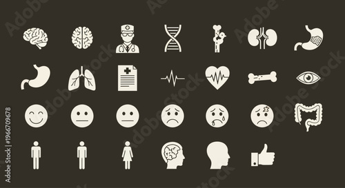 Medical Health Icons Set: Brain, DNA, Doctor, Heart, Lungs, Kidneys, Stomach, Colon