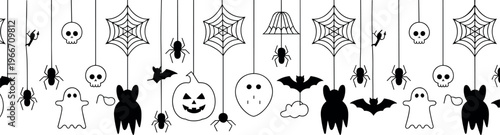 Halloween spooky black and white vector illustration set with ghosts bats pumpkins and spider webs on white background