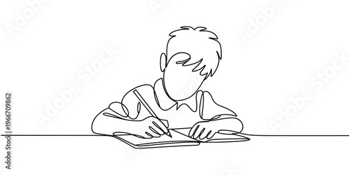 Continuous one line drawing. Schoolboy sitting and writing with pencil on copybook. Vector illustration