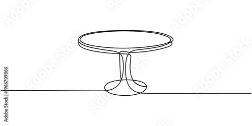 Continuous one line drawing of a round wooden table with legs, depicting simplicity and functionality, line art style illustration.