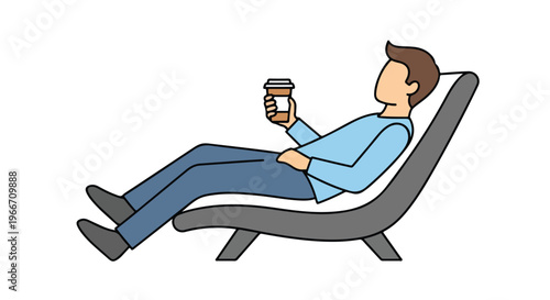 A man reclines on a lounge chair with a cup of coffee in his hand.