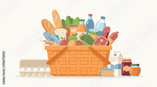 Assortment of fresh groceries in a picnic basket on a white background
