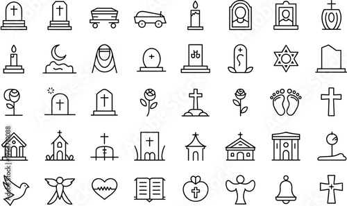 Set of 32 black and white religious and cultural icons vector illustration isolated on white background