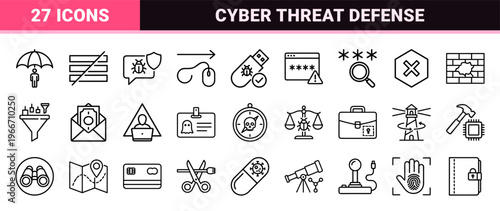 Cyberattack and Digital Hacking Security Outline Icons for Professional Data Protection and Network Vulnerability Analysis Software Interfaces.