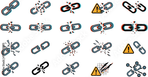 Broken Link and Error Icon Set with Warning, Disconnection, Network Failure, Alert Signals, and Fault Indicators for Digital Systems.