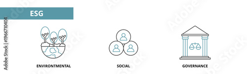 ESG icon set in dual color outline style with environment, social, governance