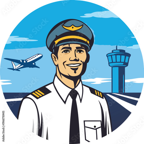 Smiling Commercial Airline Pilot Portrait with Jet Taking Off from Airport Runway Scene