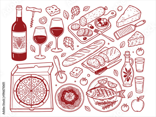 An artful collection of traditional Italian culinary elements, depicting a flavorful journey through Mediterranean cuisine and fresh ingredients vector design