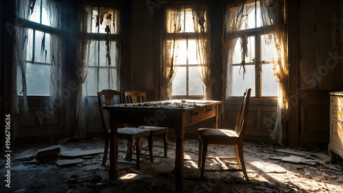 A broken haunted house interior, dusty furniture, torn curtains, light rays entering, eerie silence
