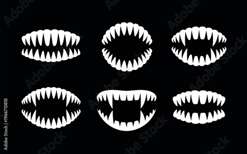 Halloween vampire teeth set isolated on black background spooky dental fangs vector illustration