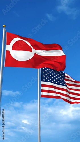 Greenland Flag Waving Next To American Flag Against Bright Blue Sky
