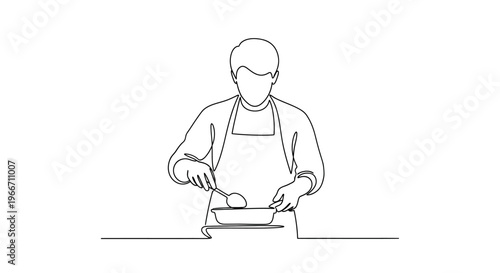 Chef cooking, single line drawing, minimalist style, preparing food in a pan