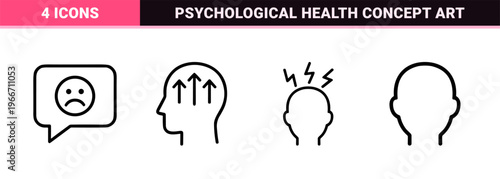 Emotional Intelligence and Mental Health Concept Line Art featuring Minimalist Monoline Symbols for Psychological Wellness and Therapy.