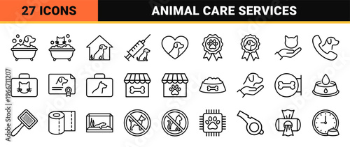 Domestic Pet Care and Veterinary Wellness Minimalist Monoline Icon Set Featuring Geometric Line Art for Animal Services and Medicine.