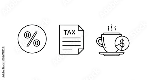 Black line icons of percent sign, tax document, and coffee cup with dollar sign on a white background.
