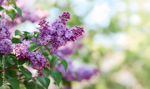Purple lilac flowers blossom in garden, spring background