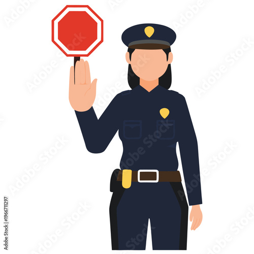 Professional female police officer signaling stop with an open hand gesture while on duty