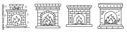 Monochrome Line Art Drawing of Various Fireplace Designs with Burning Flames