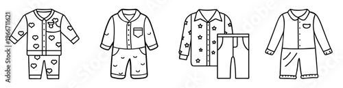 Line art illustration of four different pairs of toddler pajamas