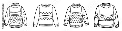 Four hand drawn sweaters with different patterns and necklines in a row