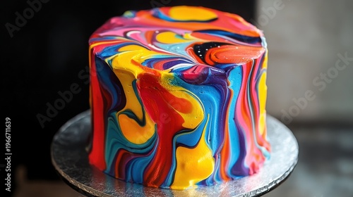 A vibrant and colorful cake with a unique marbled design on a silver platter