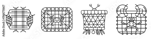 Four stylized crab traps with crabs inside, showcasing different designs