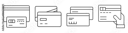 Line art illustration showcasing various credit card designs and payment methods