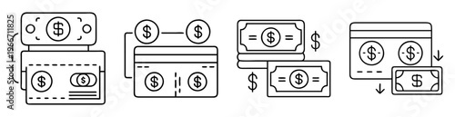 Conceptual line art illustrations representing various financial transactions and money movement