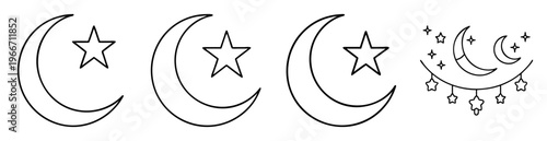 Black and white illustration featuring crescent moons and stars in line art